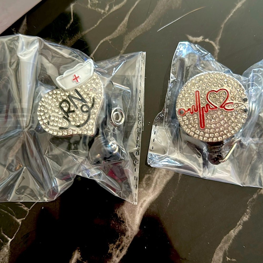 2 piece rhinestone RN ID holders with clips